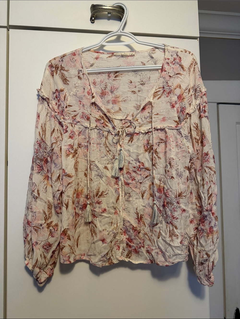 lovestitch Floral Tie-Front Peasant Blouse - Cream Pink Brown
